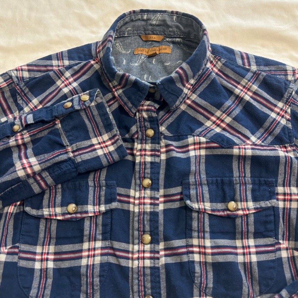 Jachs Girlfriend Bea Plaid Flannel Pearl Snap Western Shirt Blue Red Small